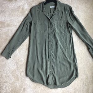 Long sleeved military green silk dress